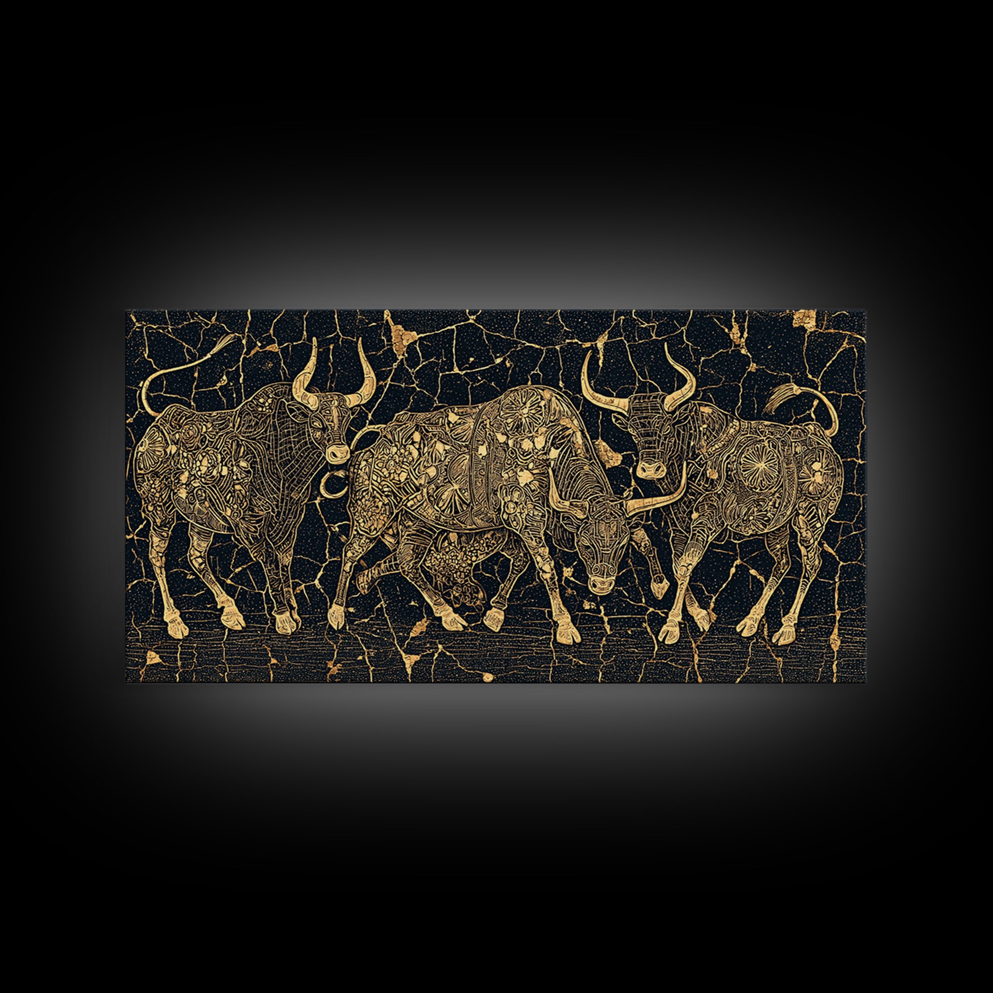 Gold Line Cattle On Black Wall Art, African Inspired Bull Illustration, Geometric Crackle Texture Decor, Luxury Canvas Print