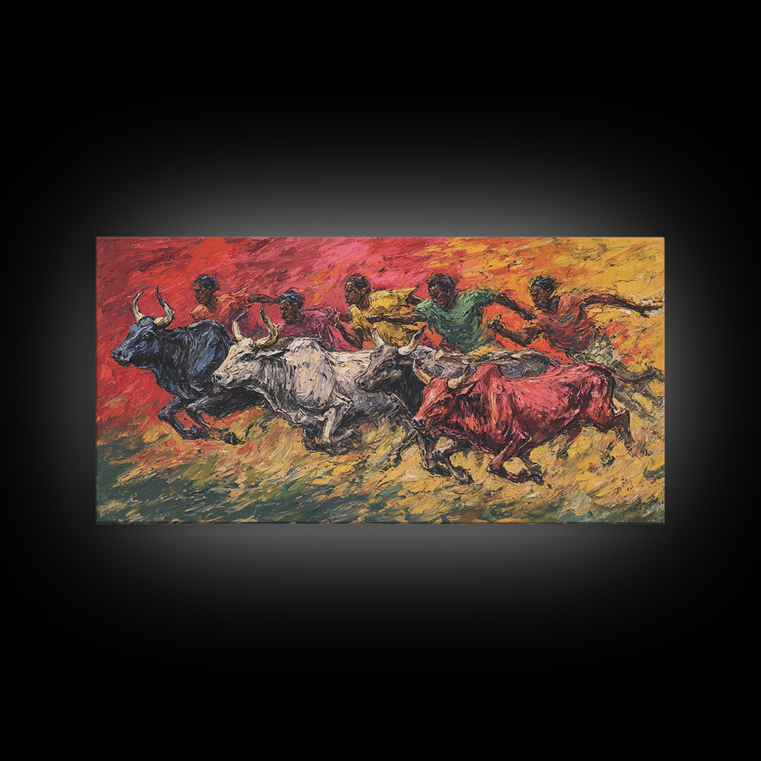 Colorful African Bull Race Canvas Print, Expressive Tribal Runners, Sunset Safari Painting, Bright Vibrant Cultural Wall Decor