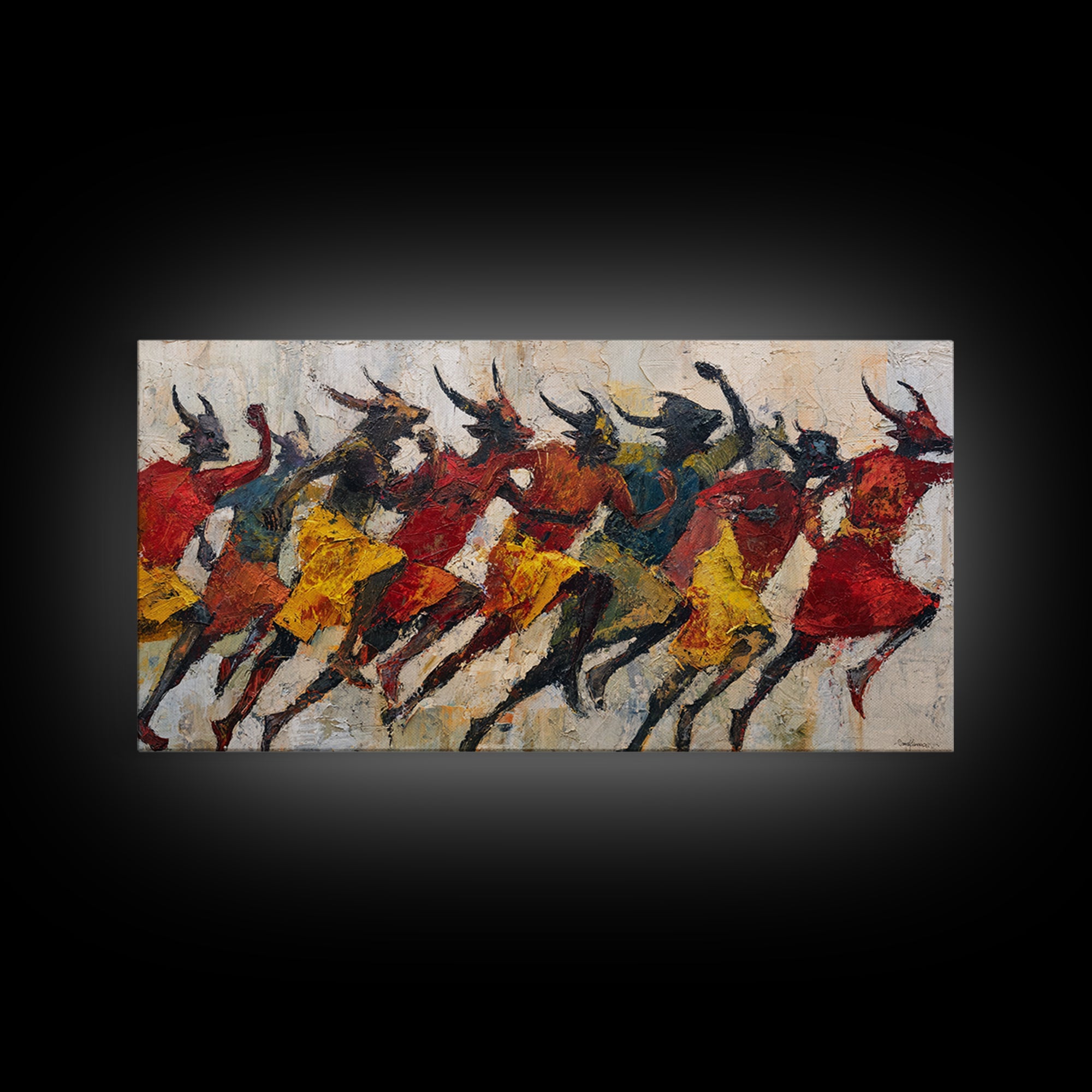 Horned Dancers In Red And Gold, African Warrior Art Canvas Print, Tribal Culture Wall Decor, Afrocentric Home Decor, Statement Piece