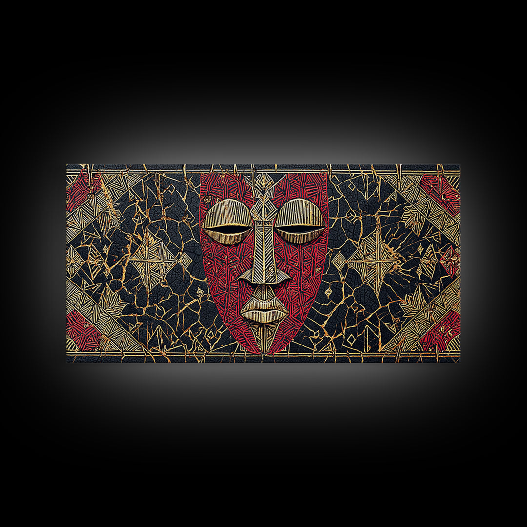 Red African Mask With Gold Geometric Pattern, Framed Canvas Print, Tribal Mask Canvas, Cultural Wall Decor Gift For Home