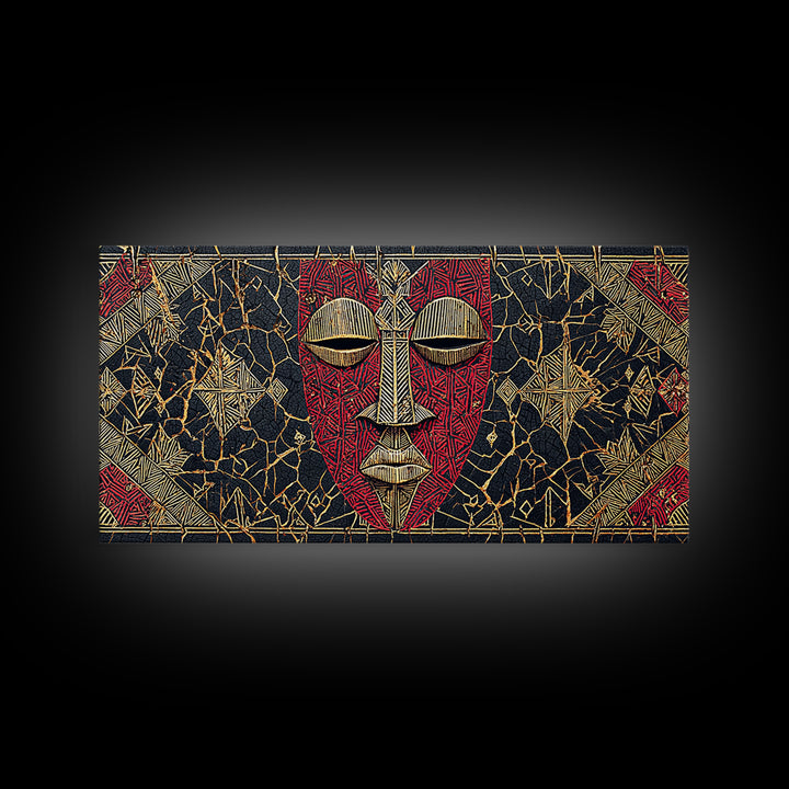 Red African Mask With Gold Geometric Pattern, Framed Canvas Print, Tribal Mask Canvas, Cultural Wall Decor Gift For Home