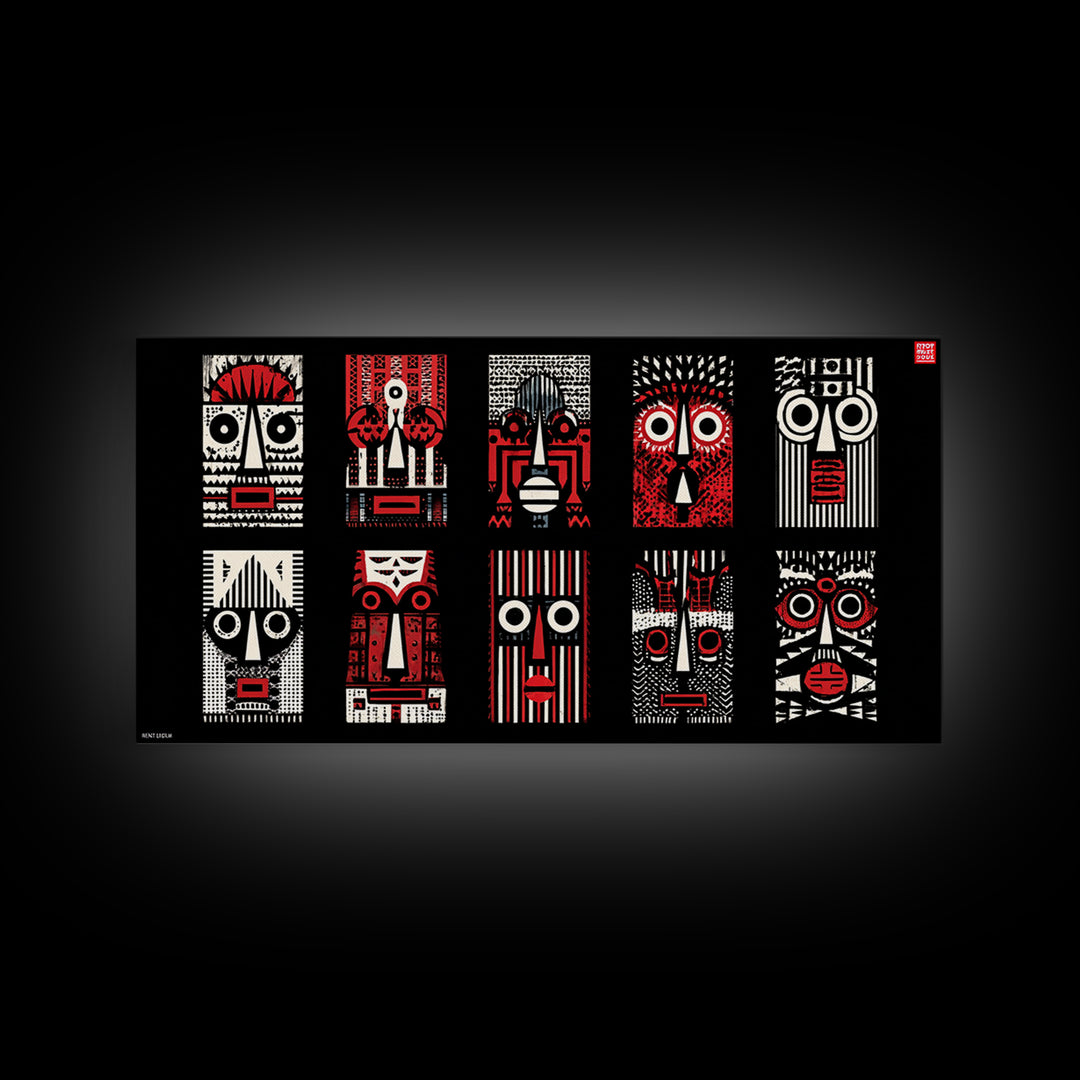 Nine Graphic Red Black And White African Masks, Wall Art, Tribal Mask Canvas, Afrocentric Decor, Bold Modern Pattern Print Set