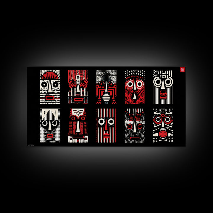 Nine Graphic Red Black And White African Masks, Wall Art, Tribal Mask Canvas, Afrocentric Decor, Bold Modern Pattern Print Set