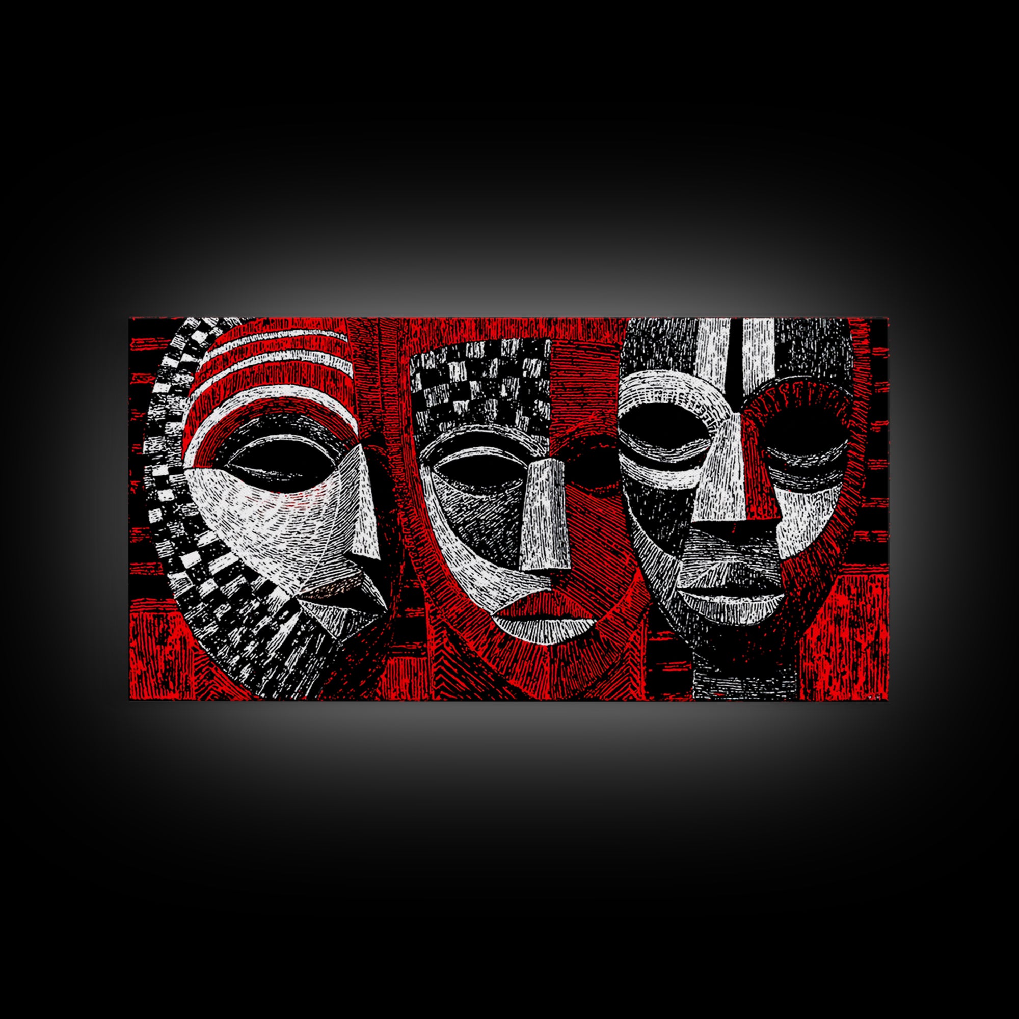 Three Red Black And White African Masks, Canvas Print, Tribal Mask Art, Abstract African Art Decor, Statement Wall Decor Gift