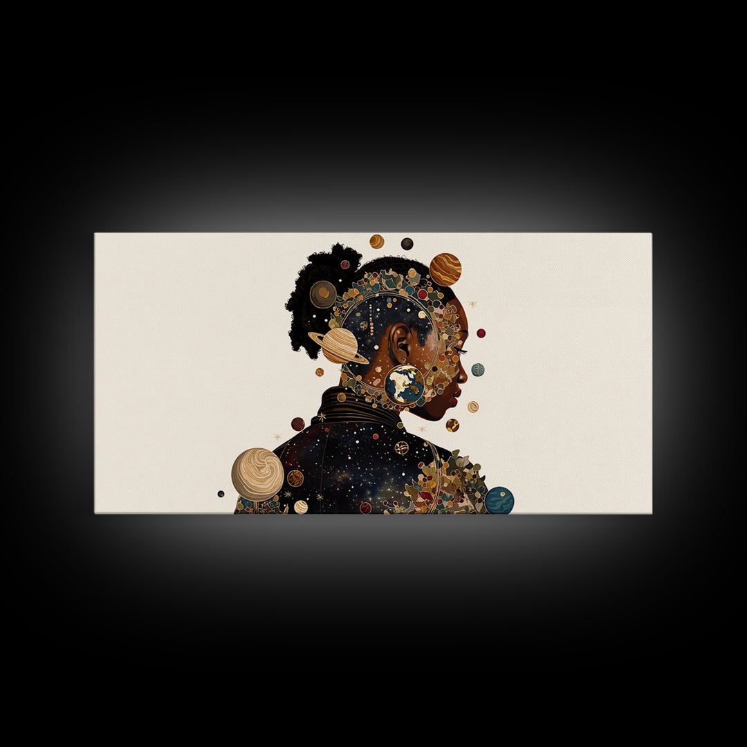 Cosmic Black Woman Profile With Planets, African American Art Framed Canvas Print, Afrocentric Wall Decor, Melanin Gift For Her