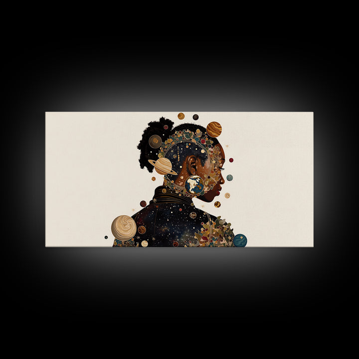 Cosmic Black Woman Profile With Planets, African American Art Framed Canvas Print, Afrocentric Wall Decor, Melanin Gift For Her
