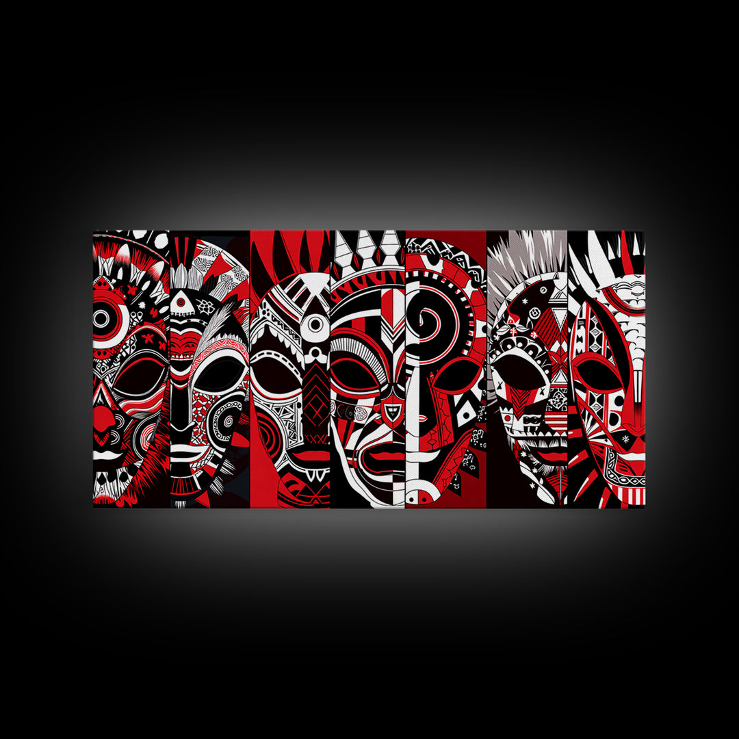Overlapping Red Tribal Masks In Bold Pattern, African Mask Wall Art, Afrocentric Decor, Contemporary Canvas Print, Home Decor Gift