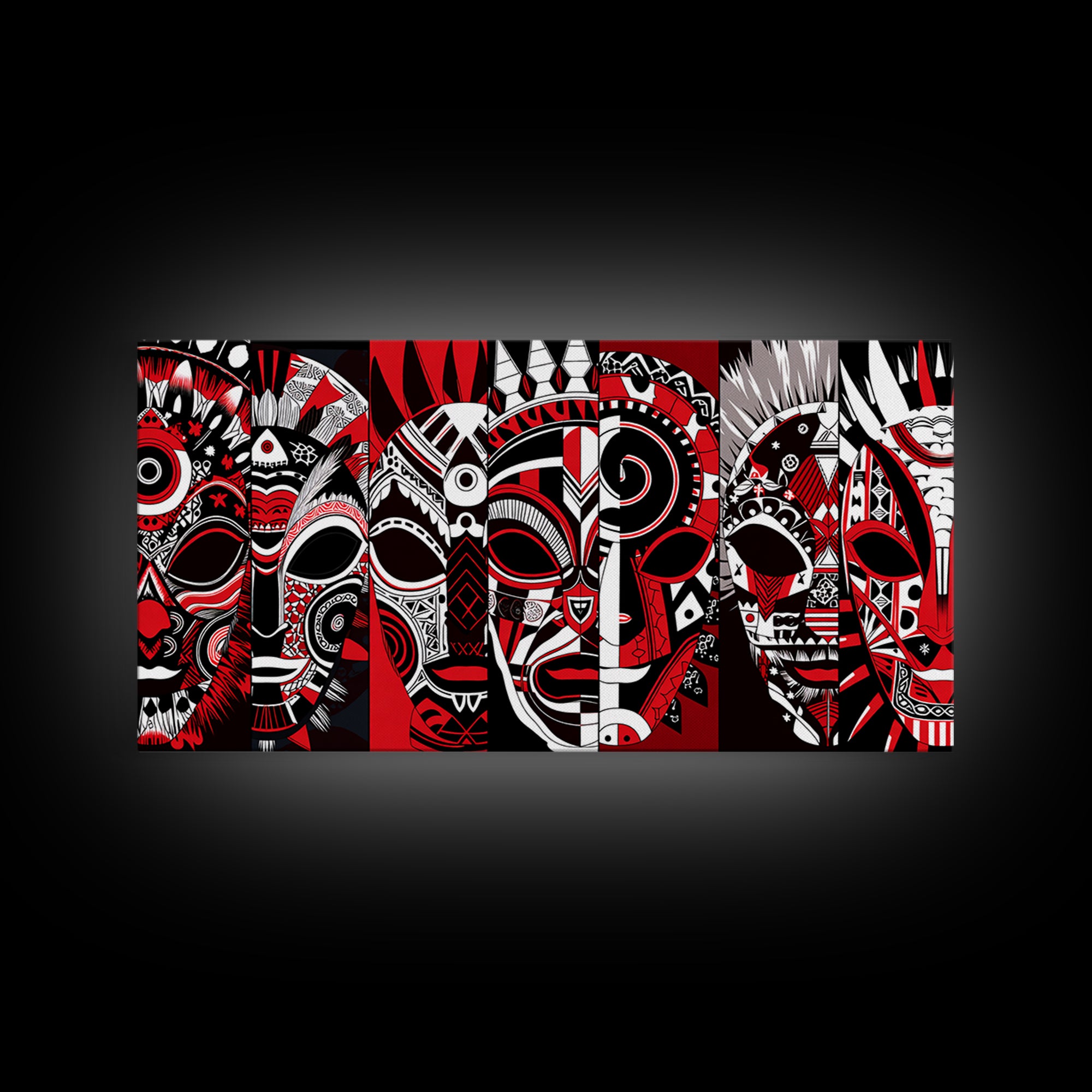 Overlapping Red Tribal Masks In Bold Pattern, African Mask Wall Art, Afrocentric Decor, Contemporary Canvas Print, Home Decor Gift