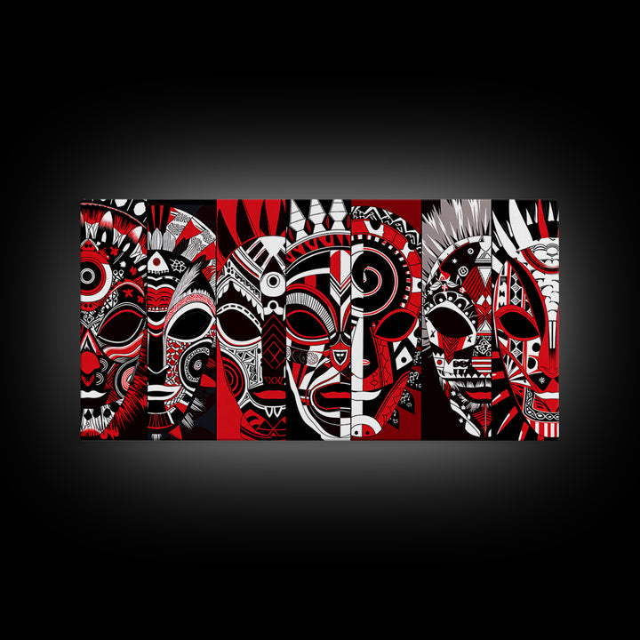 Overlapping Red Tribal Masks In Bold Pattern, African Mask Wall Art, Afrocentric Decor, Contemporary Canvas Print, Home Decor Gift