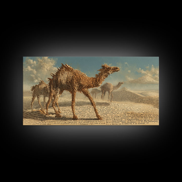 Desert Camel Caravan In Script Texture Canvas Print, African Safari Art, Earth Tone Wall Decor, Boho Living Room Art Gift