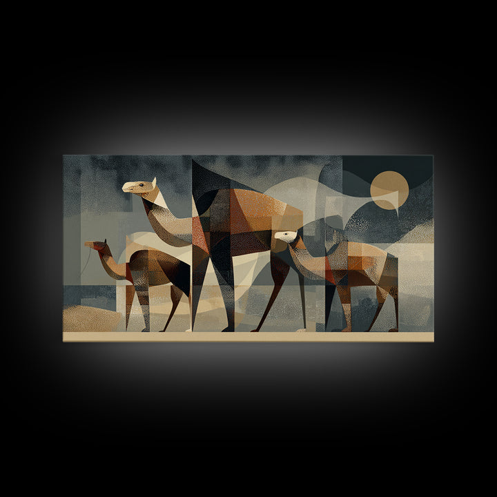 Geometric Camel Family In Desert Framed Canvas Print, Abstract African Art, Modern Safari Wall Decor, Earth Tone Home Decor