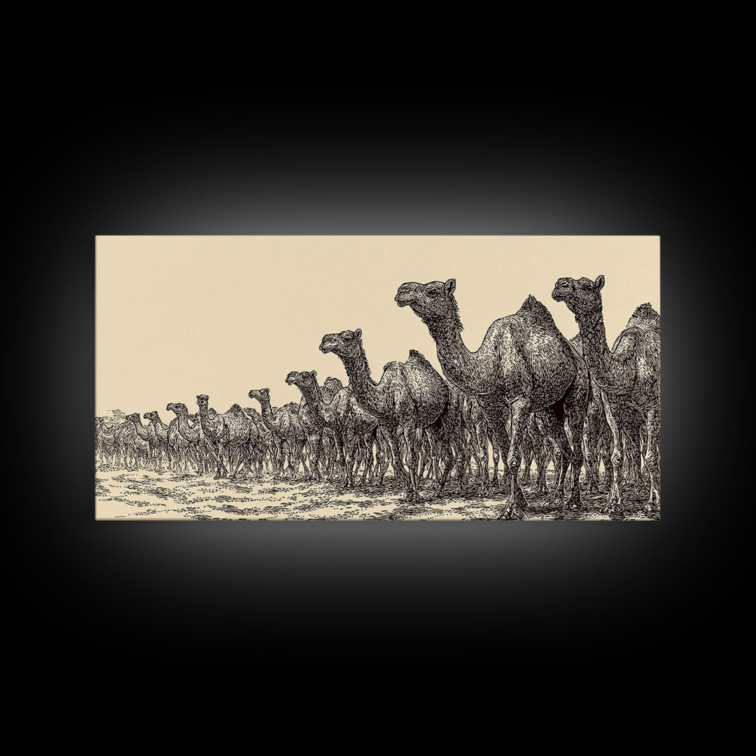 Ink Sketch Camel Herd Across Desert Wall Art, African Safari Art Print, Black And White Tribal Decor, Camel Artwork For Living Room