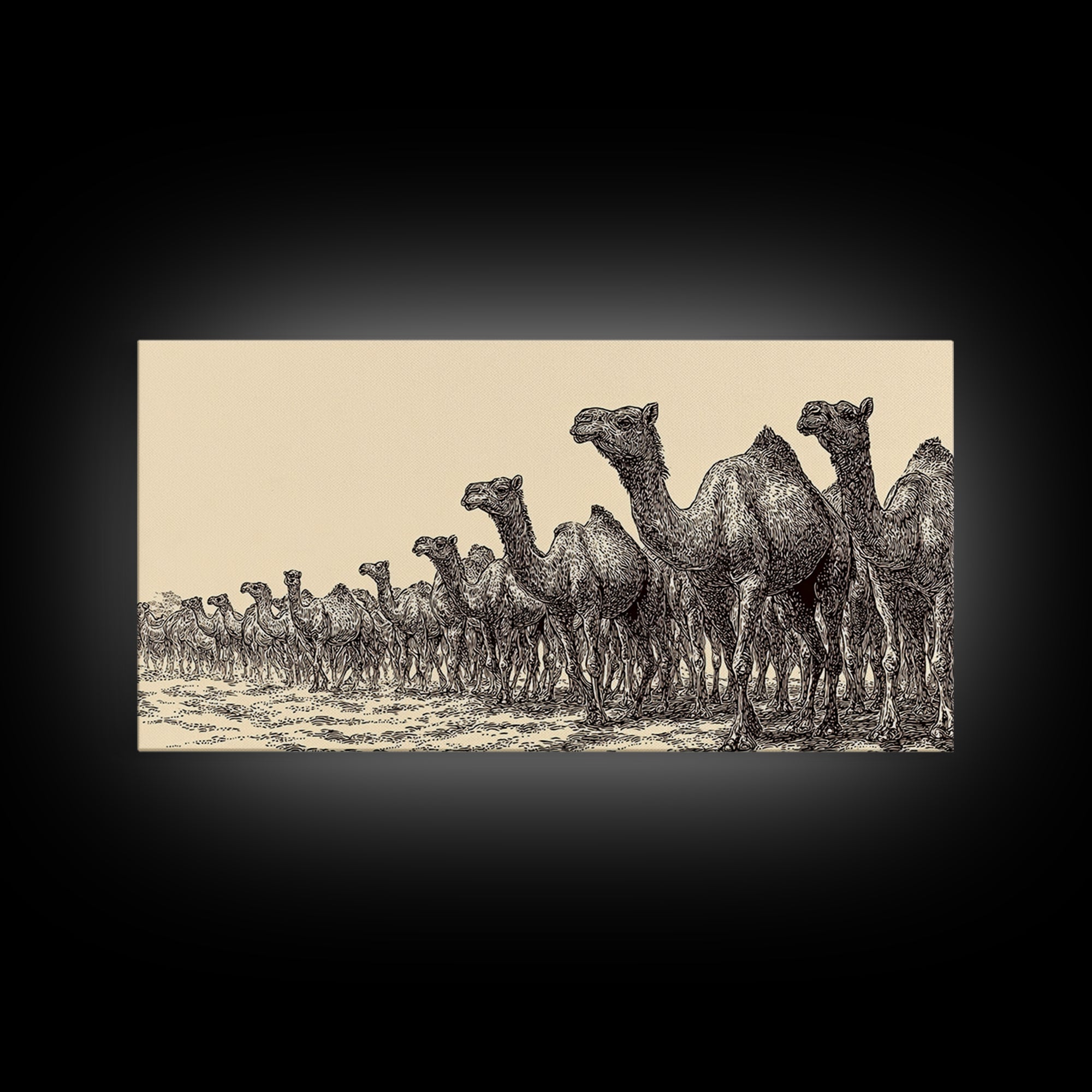 Ink Sketch Camel Herd Across Desert Wall Art, African Safari Art Print, Black And White Tribal Decor, Camel Artwork For Living Room