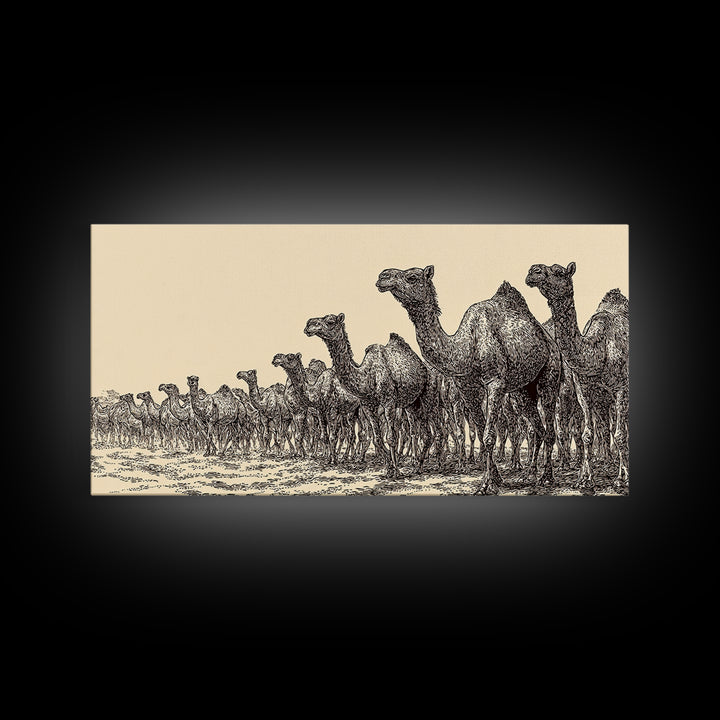 Ink Sketch Camel Herd Across Desert Wall Art, African Safari Art Print, Black And White Tribal Decor, Camel Artwork For Living Room