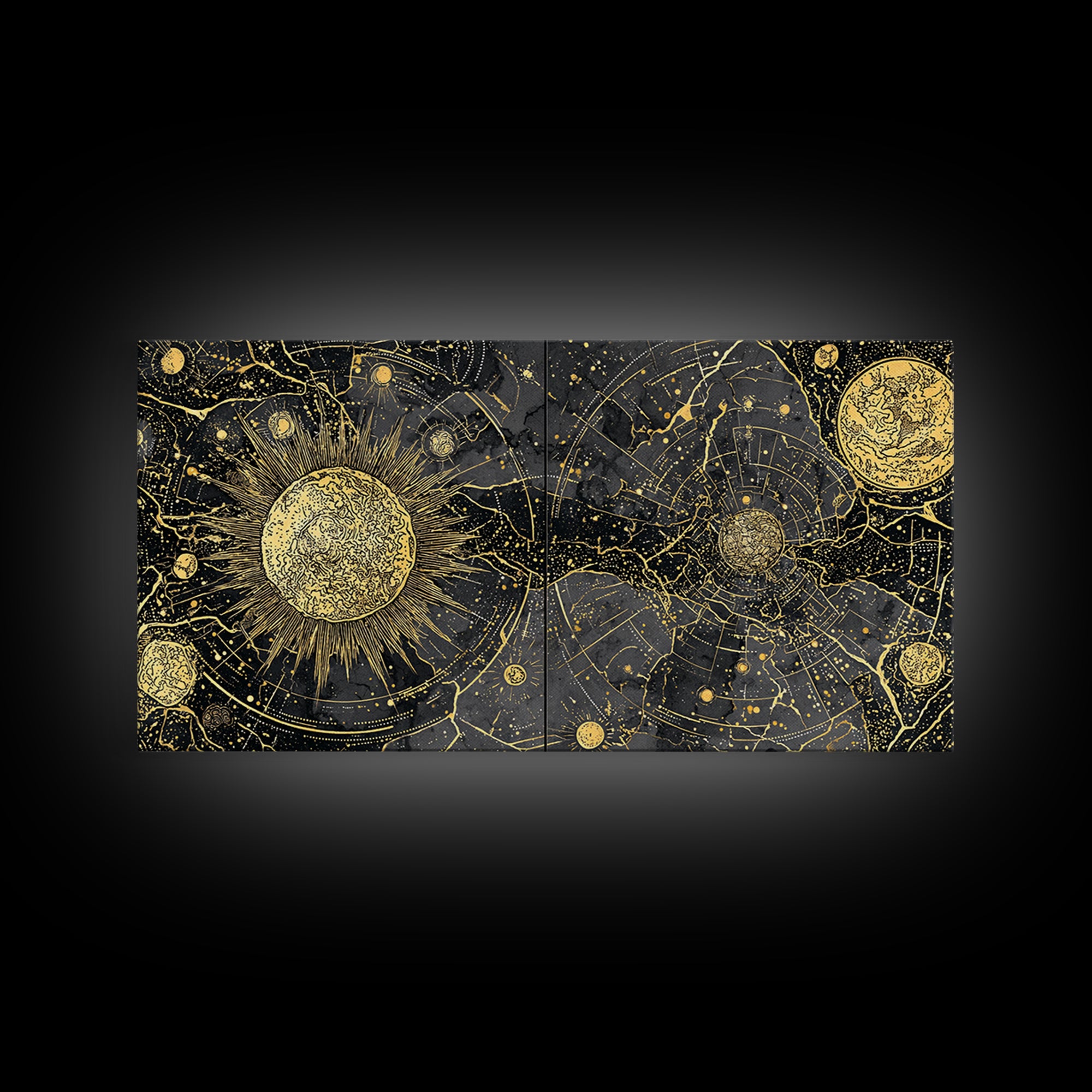 Gold Sun Moon Constellation Map Canvas Print, Celestial African Inspired Wall Art, Black And Gold Spiritual Home Decor Gift