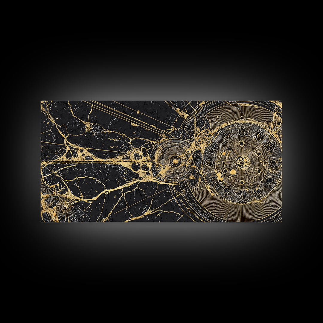 Golden Cosmic Web And Solar Orbit Framed Canvas Print, Abstract Wall Art, Black And Gold Decor, Mystical Astronomy Artwork