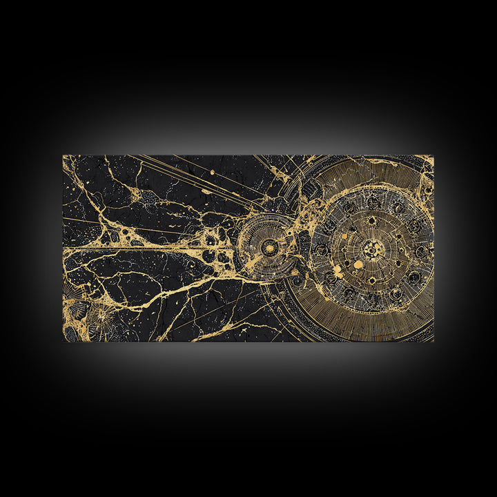 Golden Cosmic Web And Solar Orbit Framed Canvas Print, Abstract Wall Art, Black And Gold Decor, Mystical Astronomy Artwork