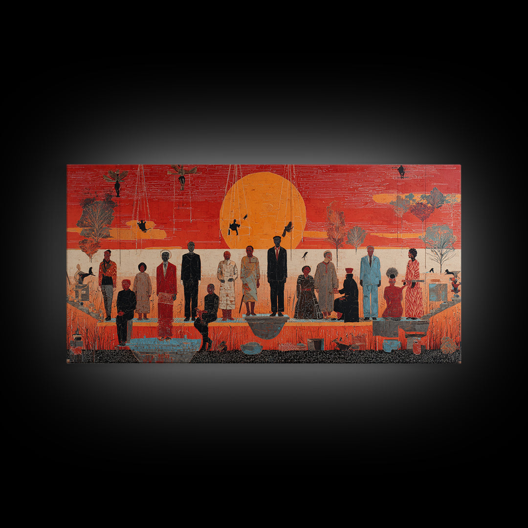 Orange Sunset Gathering With African Figures Wall Art, Black Culture Art, Contemporary Canvas, Statement Living Room Decor