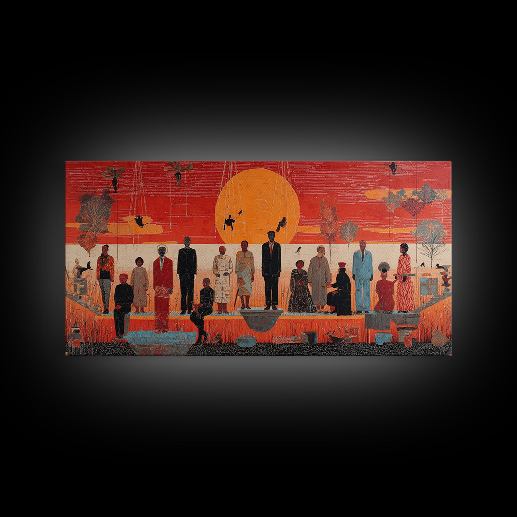Orange Sunset Gathering With African Figures Wall Art, Black Culture Art, Contemporary Canvas, Statement Living Room Decor