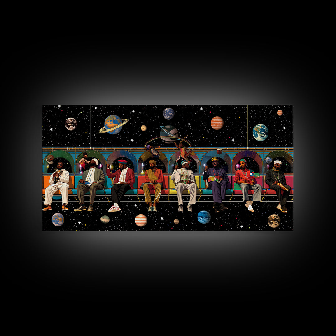 Black Travelers On Cosmic Subway Framed Canvas Print, Afrofuturism Decor, African American Art, Space Wall Decor Gift For Him