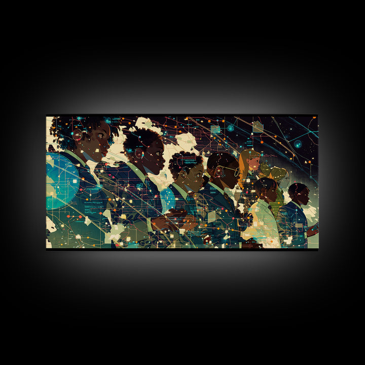 Afrofuturist African Students In Digital Network Canvas Print, Black Girl Art, Modern Black Art, Office Decor, Digital Wall Art