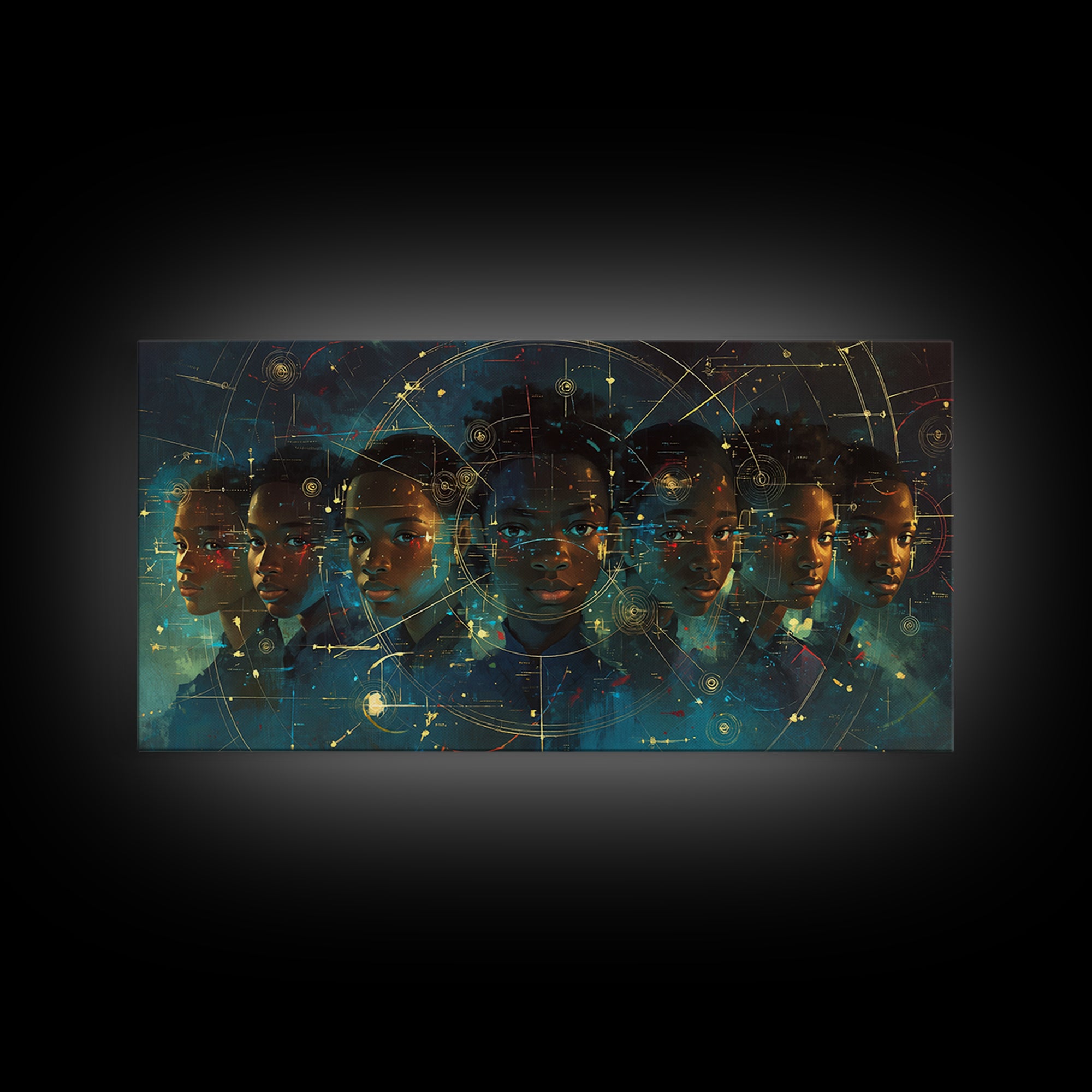 Six Young African Visionaries In Futuristic City Wall Art, Black Boy Art, Afrocentric Art, Modern Portrait Art, Office Decor