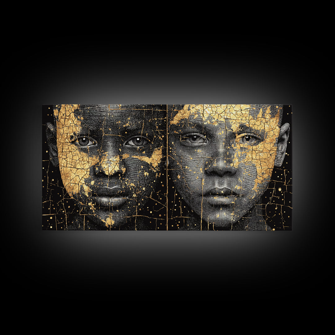 Black Gold African Portrait Diptych Wall Art, Afrocentric Abstract Face Art, Modern Black Culture Decor, Luxury Canvas Print