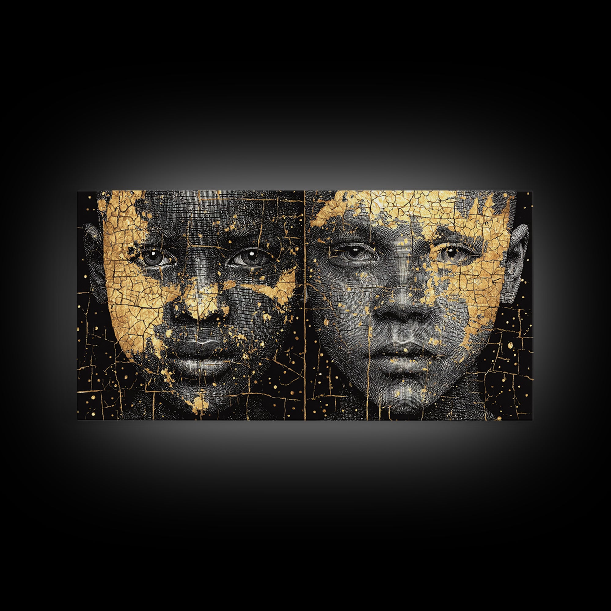 Black Gold African Portrait Diptych Wall Art, Afrocentric Abstract Face Art, Modern Black Culture Decor, Luxury Canvas Print