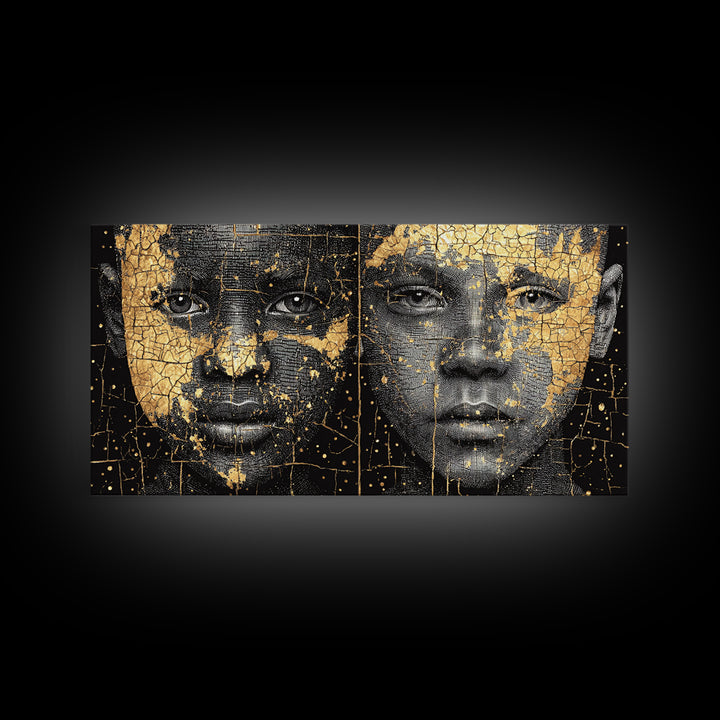 Black Gold African Portrait Diptych Wall Art, Afrocentric Abstract Face Art, Modern Black Culture Decor, Luxury Canvas Print