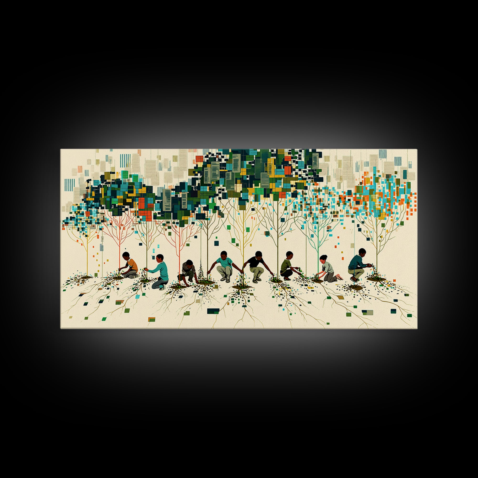 Children Planting Digital Forest Wall Art, African Community Tree Artwork, Modern Afrocentric Decor, Eco Living Room Print