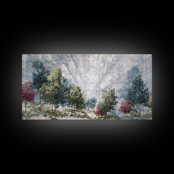 Abstract Urban Forest Canvas Print, Dreamy Nature Scene Art, Modern African Inspired Wall Decor, Blue Green Office Decor
