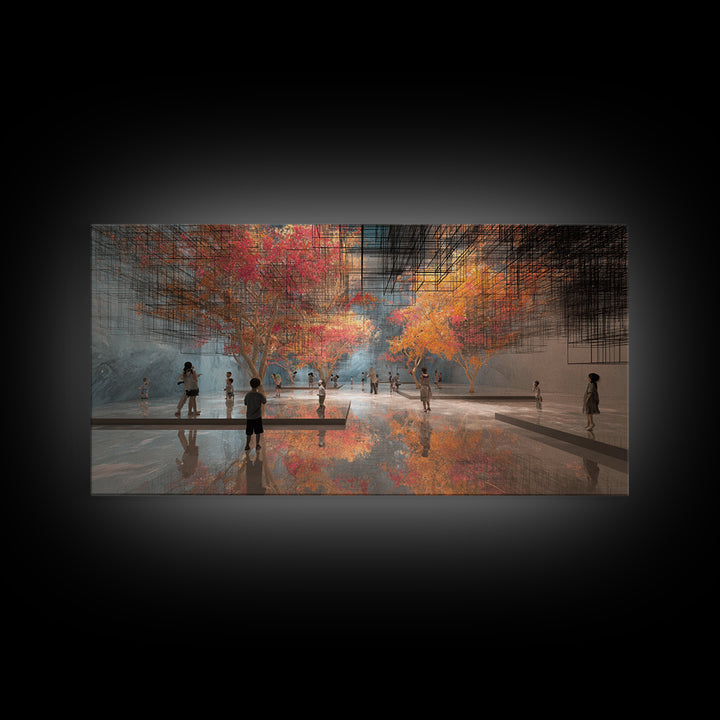 Futuristic Autumn Indoor Park Wall Art, Children In Reflective Gallery, Dreamy Modern Nature Scene, Large Decor Canvas Print