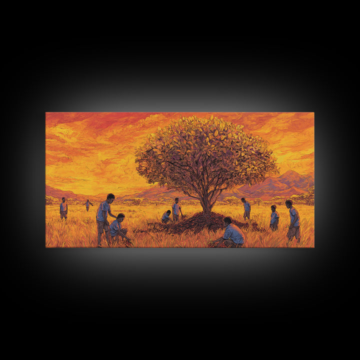 Golden Savanna Tree Framed Canvas Print, African Children Landscape, Sunset Safari Art, Warm Cultural Wall Decor Gift Print