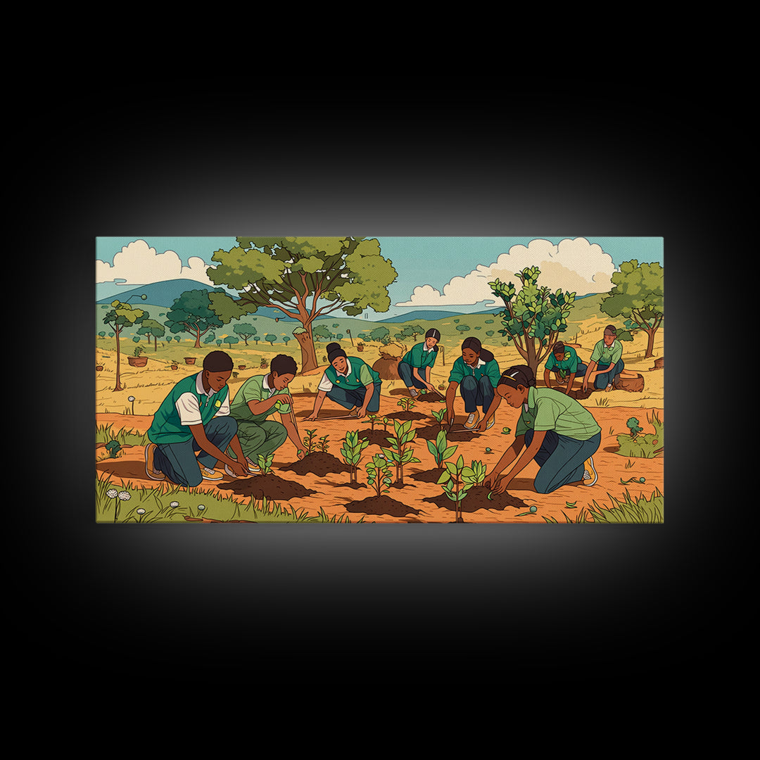 Students Planting Saplings Canvas Print, African Safari Landscape, Youth Garden Artwork, Green Nature Wall Decor Gift For Kids