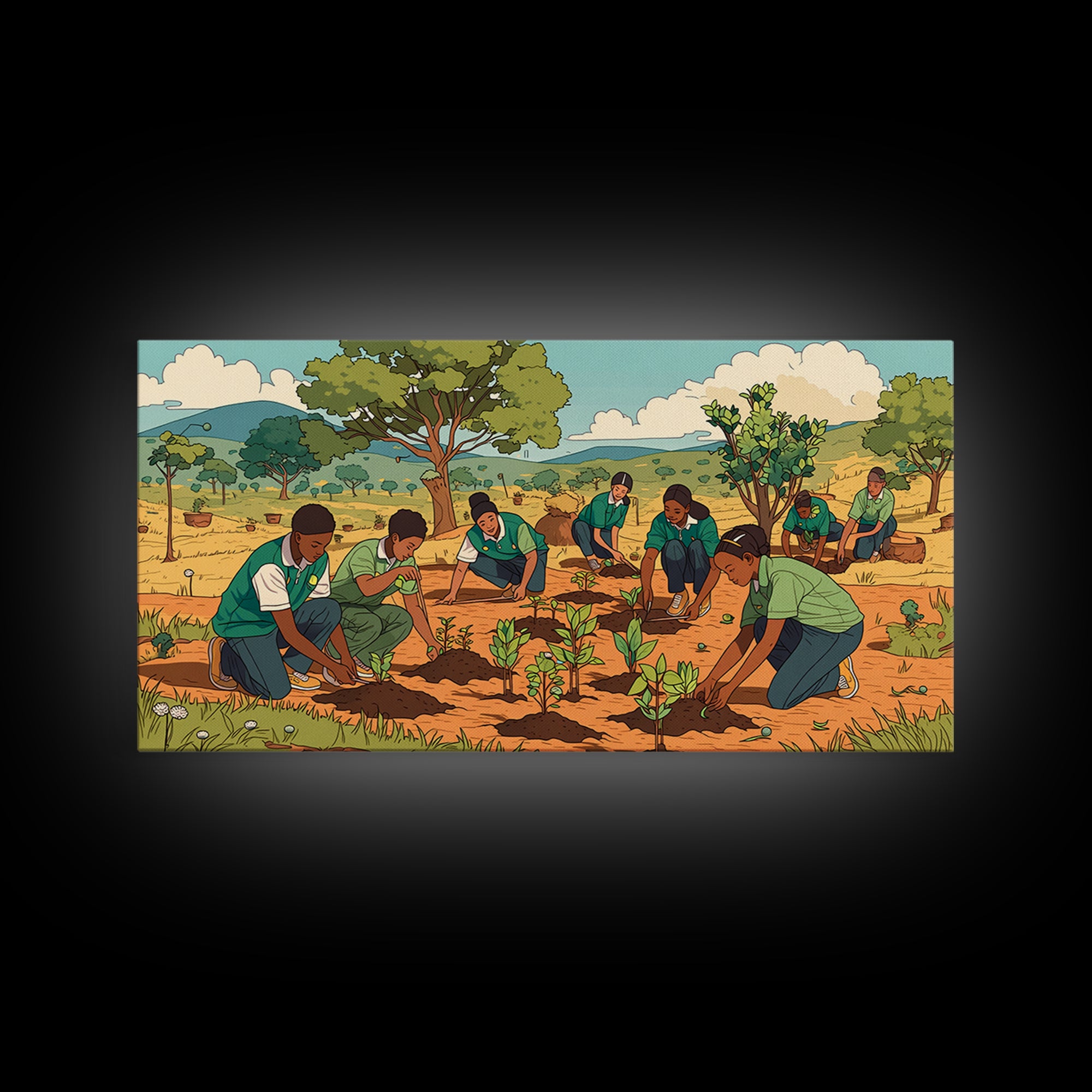 Students Planting Saplings Canvas Print, African Safari Landscape, Youth Garden Artwork, Green Nature Wall Decor Gift For Kids