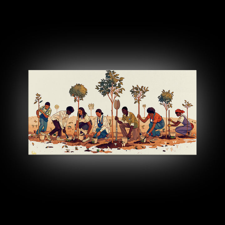 Tree Planting Volunteers Wall Art, African Community Garden Scene, Boho Cultural Artwork, Earth Tone Home Decor Print Gift