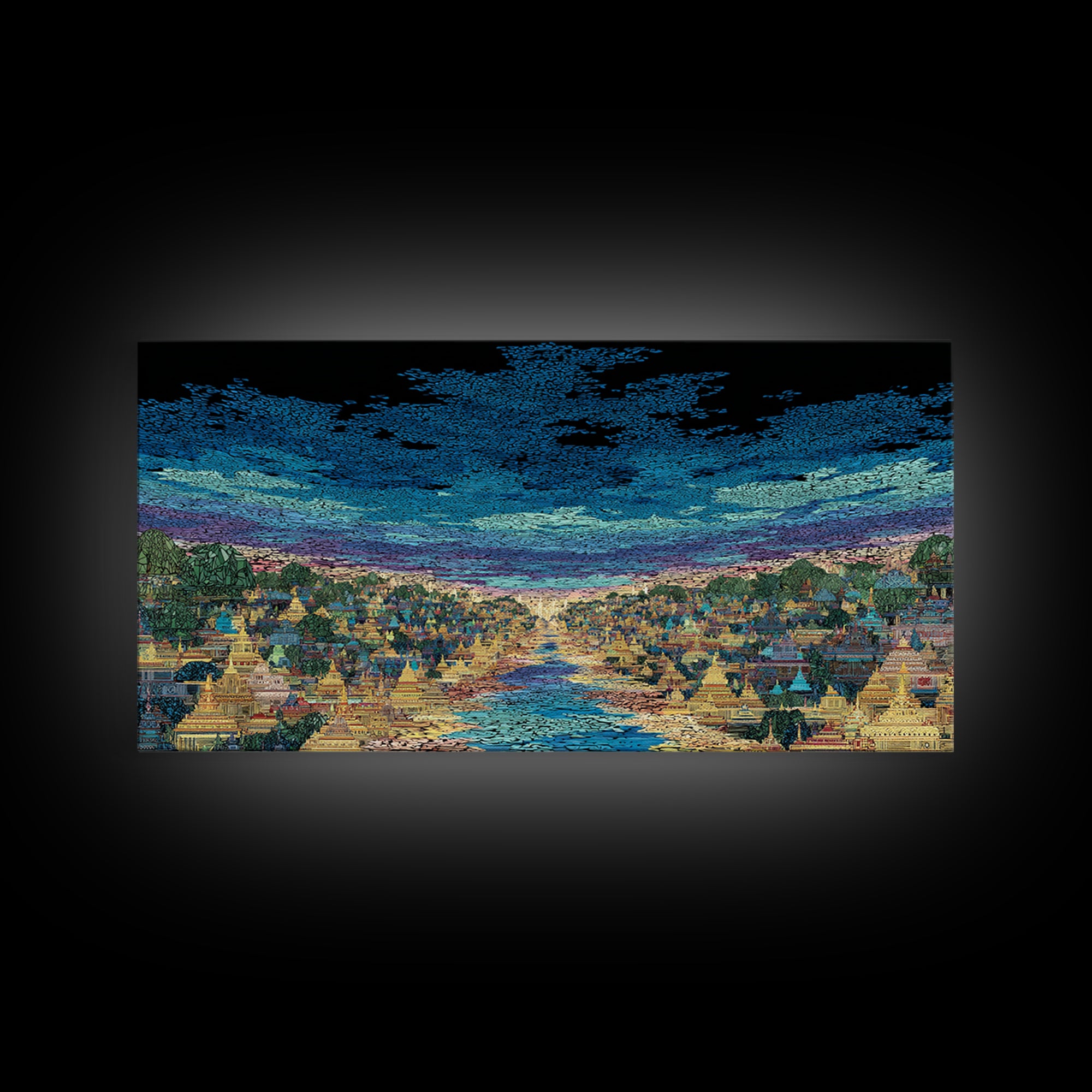 Glowing River City Skyline At Twilight Wall Art, African Inspired Landscape, Luxury Canvas Decor, Living Room Statement Gift