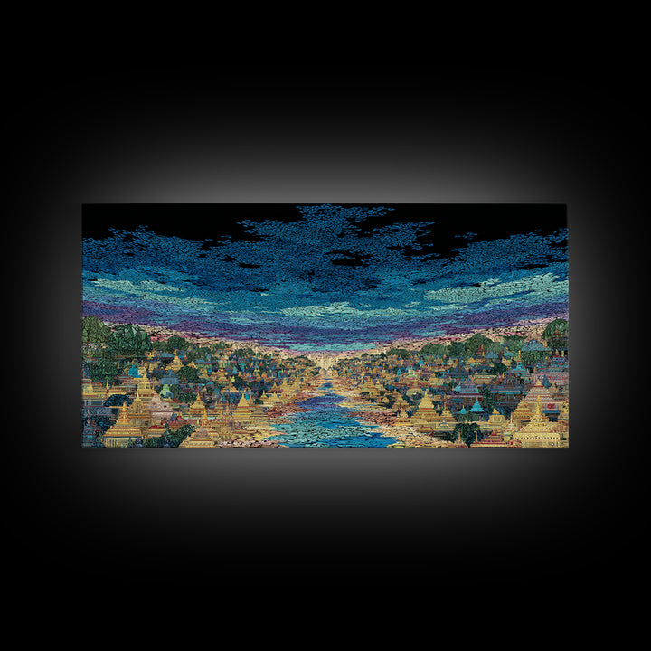 Glowing River City Skyline At Twilight Wall Art, African Inspired Landscape, Luxury Canvas Decor, Living Room Statement Gift