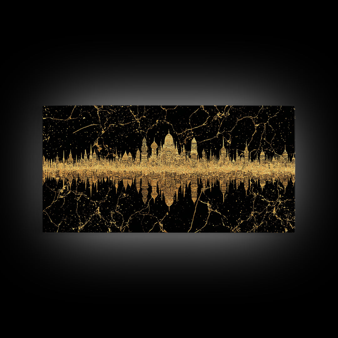 Golden Temple Skyline Reflection Framed Canvas Print, African Inspired Black And Gold Wall Decor, Luxury Statement Art Gift