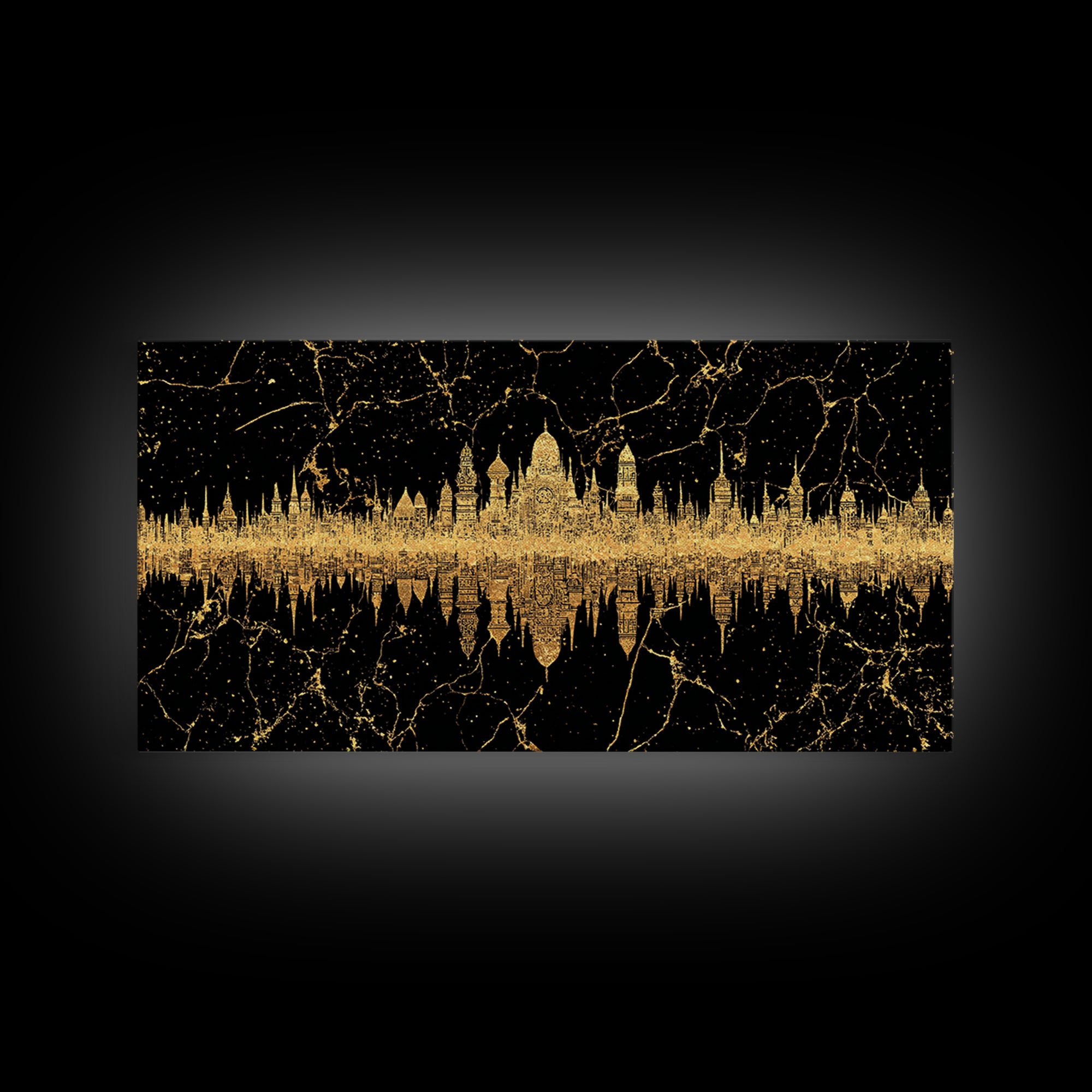 Golden Temple Skyline Reflection Framed Canvas Print, African Inspired Black And Gold Wall Decor, Luxury Statement Art Gift