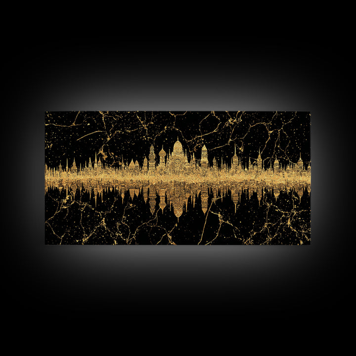 Golden Temple Skyline Reflection Framed Canvas Print, African Inspired Black And Gold Wall Decor, Luxury Statement Art Gift