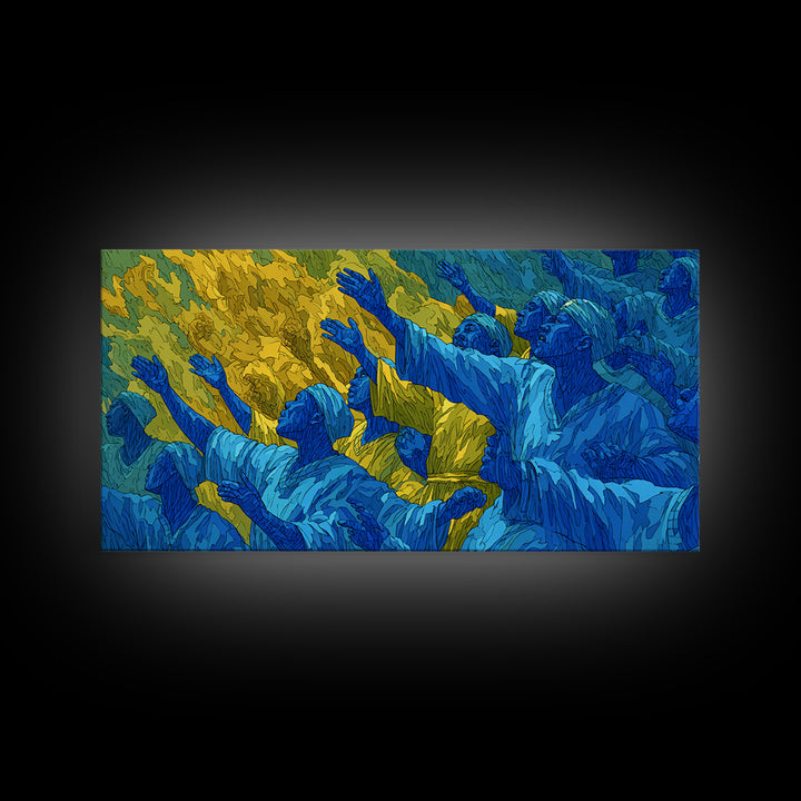 Blue And Gold African Praise Crowd Wall Art, Spiritual Celebration, Afrocentric Cultural Decor, Living Room Home Decor Gift