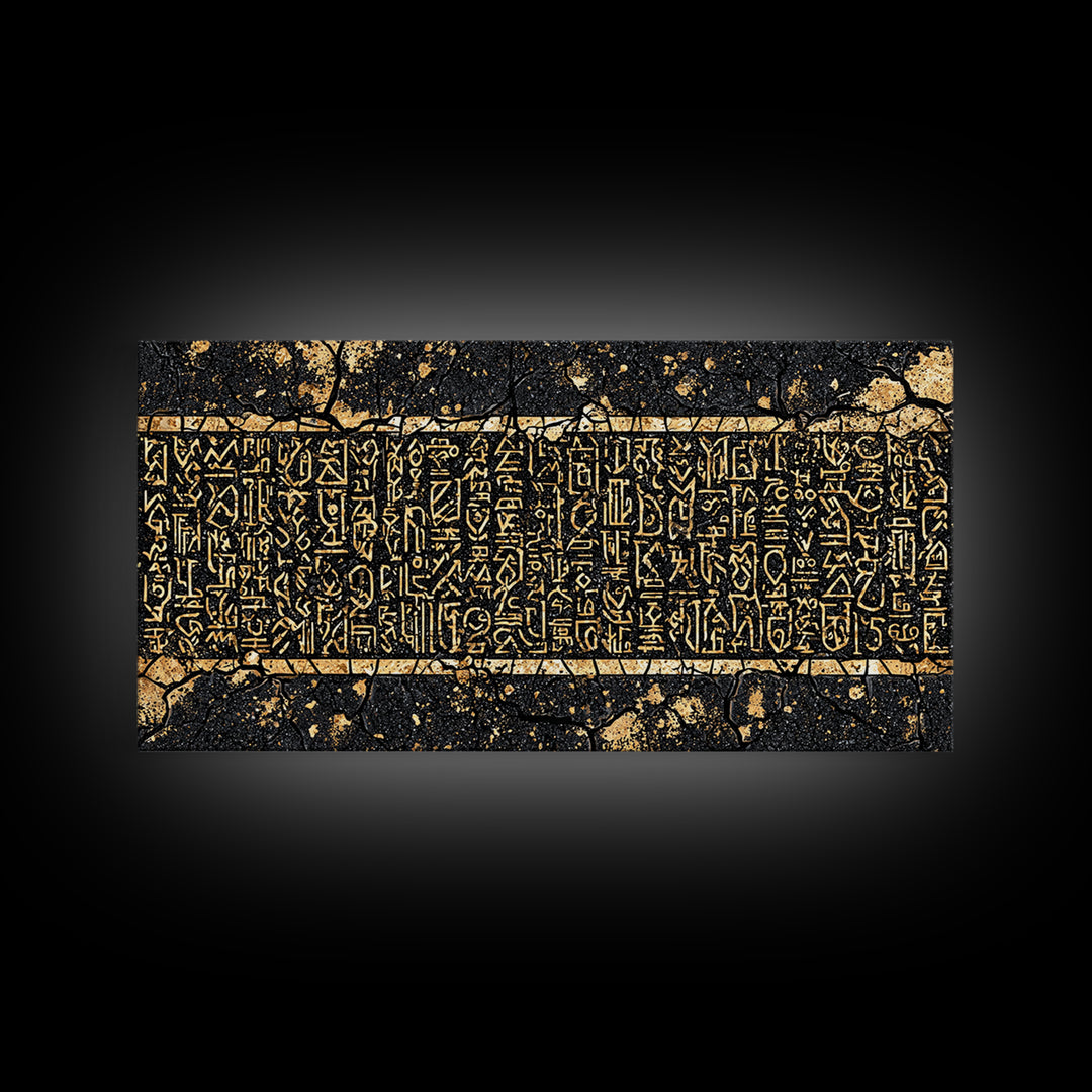 Gold Egyptian Hieroglyph Panel Wall Art, African Culture Art Print, Ancient African Decor, Black And Gold Statement Canvas