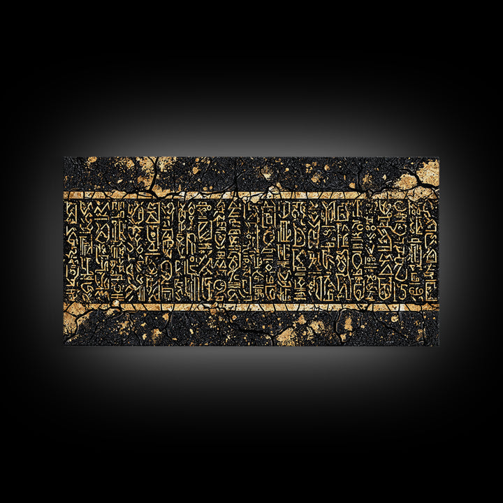 Gold Egyptian Hieroglyph Panel Wall Art, African Culture Art Print, Ancient African Decor, Black And Gold Statement Canvas