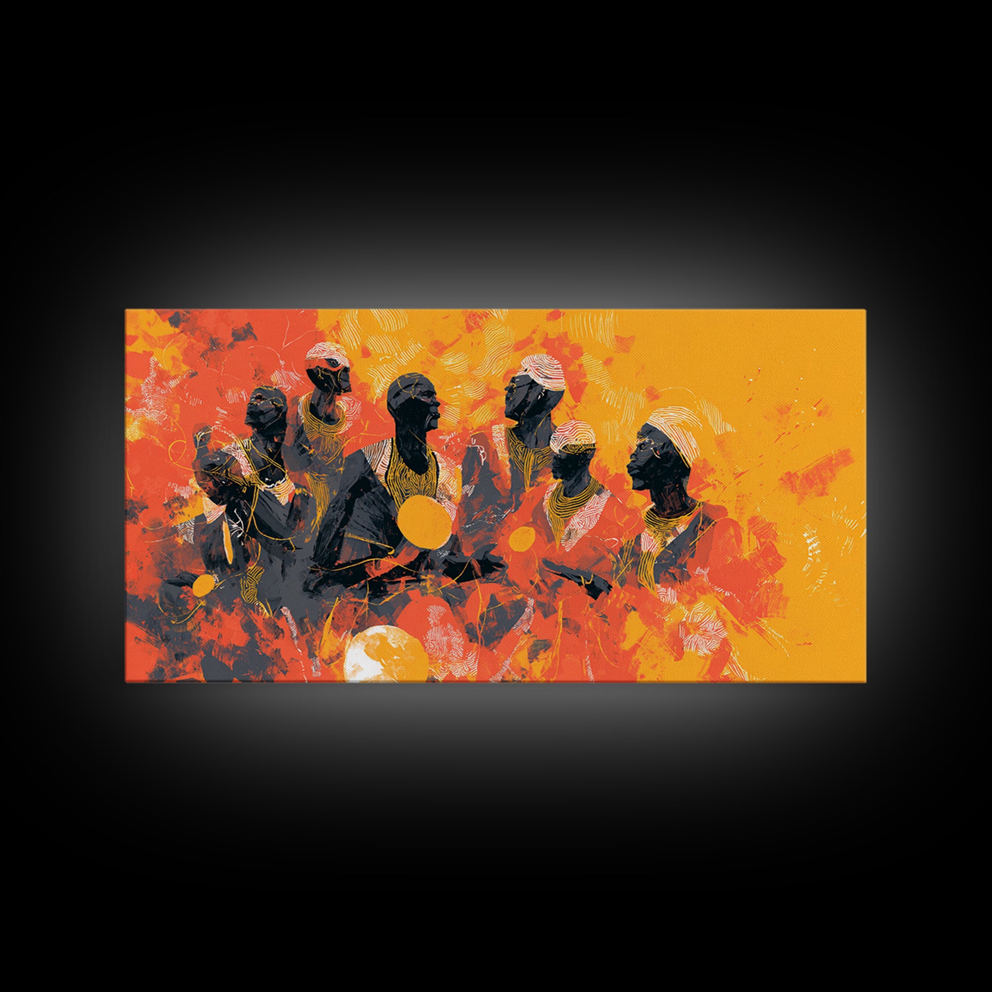 Orange African Drummers Wall Art, Tribal Music Painting, African Women Art, Afrocentric Decor, Cultural Home Decor Canvas Print