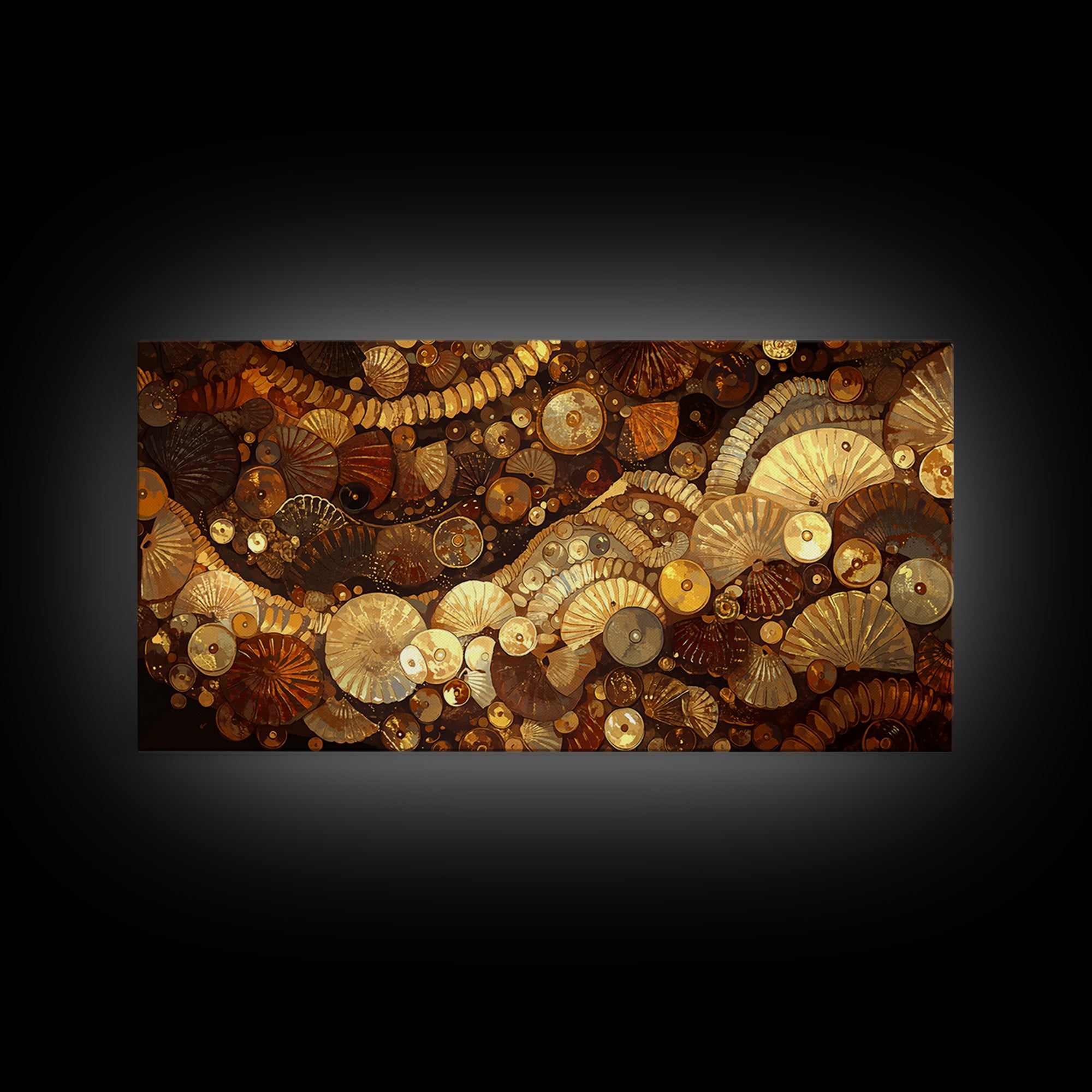 Gold Brown Shell Mosaic Wall Art, Abstract African Patterns, Luxury Art Home Decor, Earth Tone Bohemian Framed Canvas Print