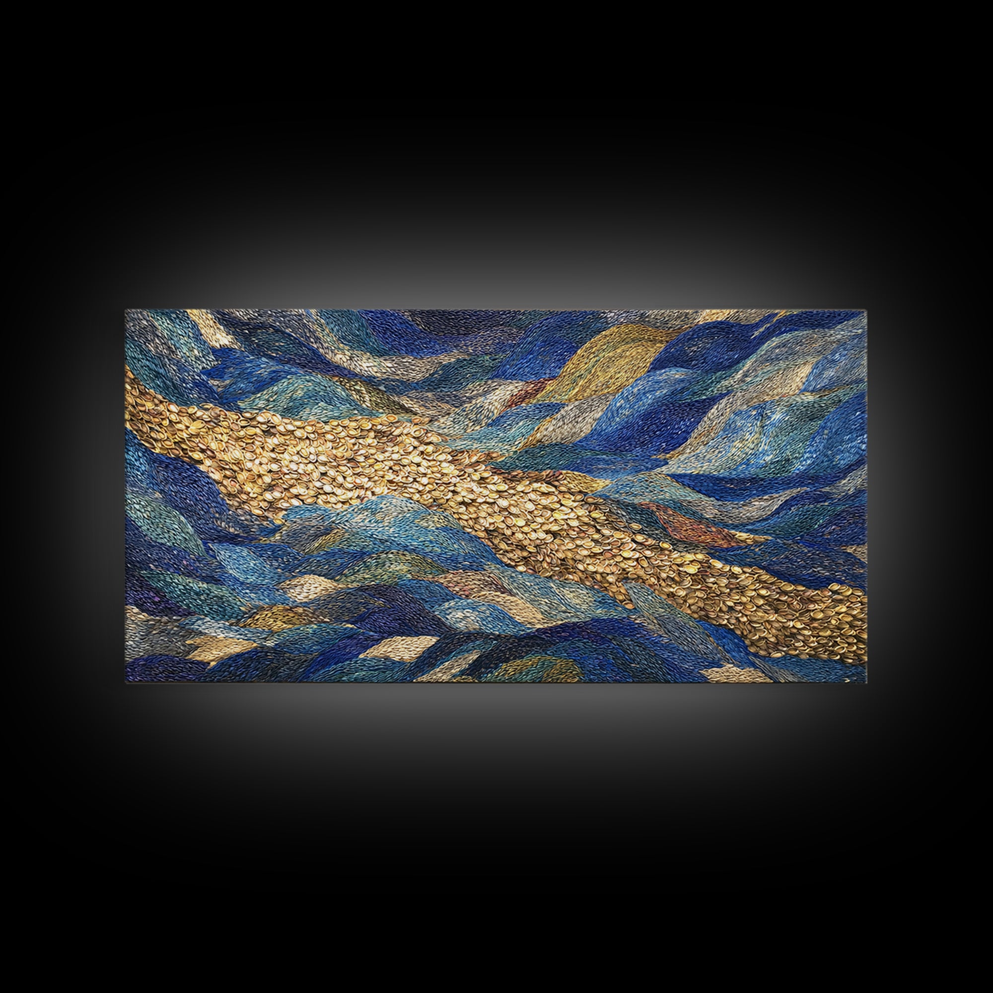 Blue Gold River Mosaic Wall Art, African Landscape, Textured Art Print, Coastal Abstract Decor, Modern Large Canvas Print
