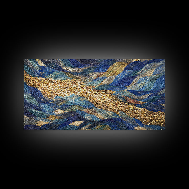 Blue Gold River Mosaic Wall Art, African Landscape, Textured Art Print, Coastal Abstract Decor, Modern Large Canvas Print