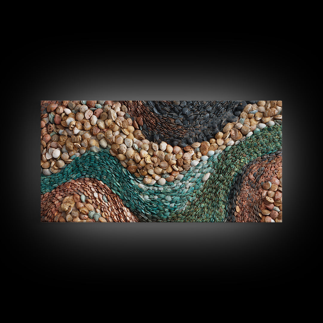 Teal Earth Shell Landscape Wall Art, Textured African Abstract, Boho Wall Decor, Nature Inspired Home Decor Framed Canvas Print