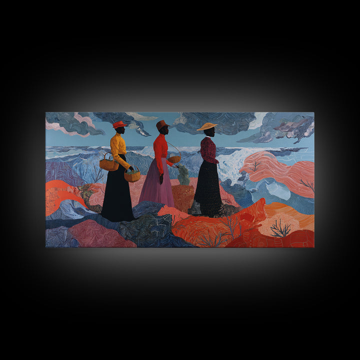 Three African Women By Stormy Sea Wall Art, Coastal Figurative Painting, Afrocentric Decor, Black Culture Art Print, Home Decor